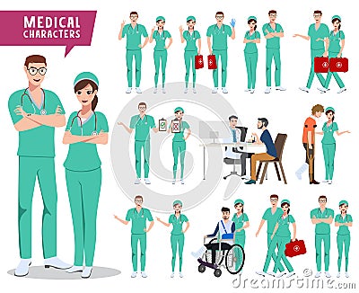 Medical characters vector set. Male and female doctor, nurse and hospital staff holding medical kit Vector Illustration