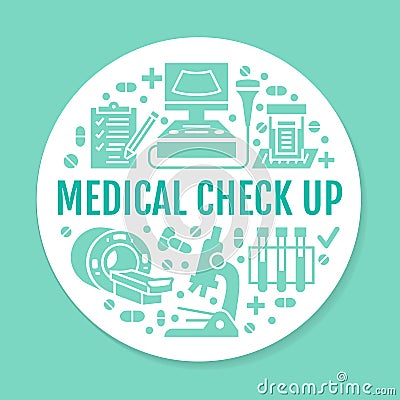 Medical check up blue poster template. Vector flat glyph icons, illustration of health care center, equipment, mri Vector Illustration