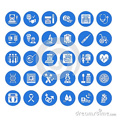 Medical check up, flat glyph icons. Health diagnostics equipment - mri, tomography, glucometer, stethoscope, blood Vector Illustration