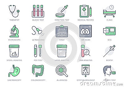 Medical check up line icons. Vector illustration include icon - radiology, stethoscope, xray, ultrasound, pcr, petri Vector Illustration