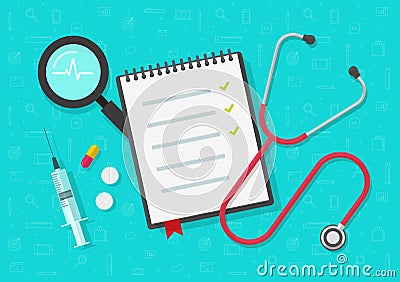 Medical checklist vector, flat health or medical notepad or notebook document on work desk top view with checkmarks Vector Illustration