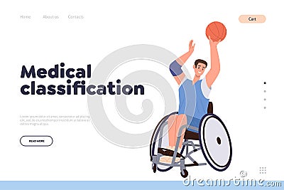 Medical classification landing page design template with portrait of sportsman in wheelchair Vector Illustration