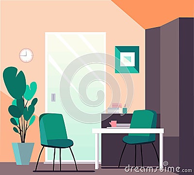 Medical clinic cabinet interior, business office apartment inside. Desk, chairs, plants in room workplace Vector Illustration