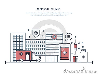 Medical clinic, facade of public hospital building, medical facility. Vector Illustration