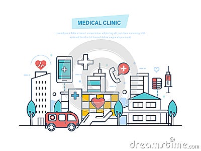 Medical clinic, city hospital building, healthcare system and medical facility. Vector Illustration