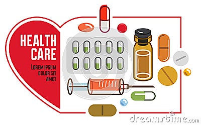 Medical clinic or hospital flyer in a shape of heart, big composition set of medicaments vector flat illustration isolated, Vector Illustration