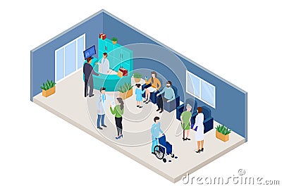 Medical clinic isometric concept, vector illustration. Man woman people character patient waiting in clinic office Vector Illustration