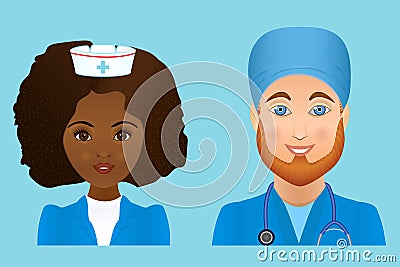 Medical clinic staff flat avatars of doctors, nurses, surgeon, a Stock Photo