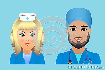 Medical clinic staff flat avatars of doctors, nurses, surgeon, a Stock Photo