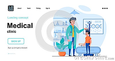Medical clinic web concept. Pediatrician measures boy height at office. Child patient visits doctor. Template of people scene. Vector Illustration