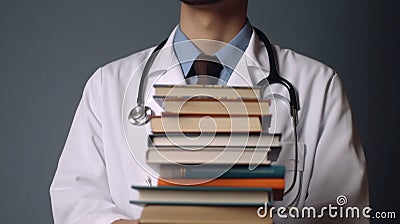 medical college student with stack of books, Close up Stock Photo