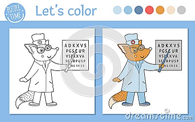 Medical coloring page for children. Vector outline animal doctor. Cute funny fox character. Hospital color book isolated on white Vector Illustration