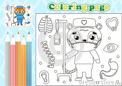 Medical coloring page for kids with cute tiger doctor in mask and with medical instruments Vector Illustration