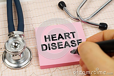 On the cardiograms there is a stethoscope and a sticker with the inscription - Heart disease Stock Photo