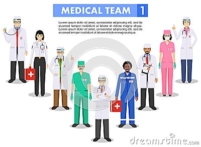 Medical concept. Detailed illustration of doctor and nurses in flat style isolated on white background. Practitioner Vector Illustration