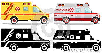 Medical concept. Different kind jewish car ambulances isolated on white background in flat style: colored and black Vector Illustration