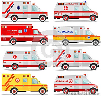 Medical concept. Different kind jewish, muslim, american, european car ambulances isolated on white background in flat style. Vect Cartoon Illustration