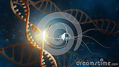 Medical concept in the field of nanotechnology. Genetic engineering and the use of nanorobots to replace part of the DNA molecule Cartoon Illustration