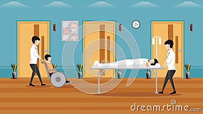 Medical concept horizontal background, Medical services with doctors and patients in hospital, disabled man on wheelchair - Vector Vector Illustration