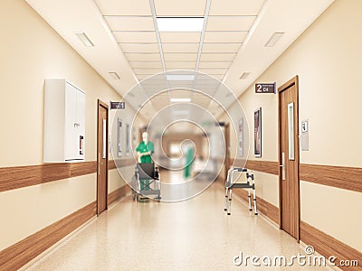 Medical concept. Hospital corridor with rooms. 3d illustration Cartoon Illustration