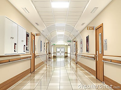 Medical concept. Hospital corridor with rooms. 3d illustration Cartoon Illustration