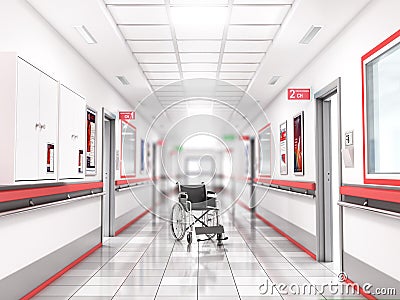 Medical concept. Hospital corridor with rooms. 3d illustration Cartoon Illustration