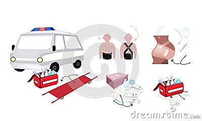 Ambulance and First Aid Box with Medical Supplies Vector Illustration