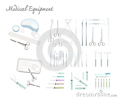 Collection of Medical Equipments on White Background Vector Illustration