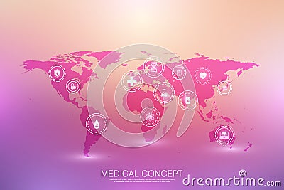 Medical concept Internet of Things IoT and pharmaceutical products background. World trade in pharmaceutical Vector Illustration