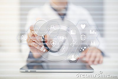 Medical concept on virtual screen. Healthcare. Online medical consultation and health check, EMR, EHR. Stock Photo