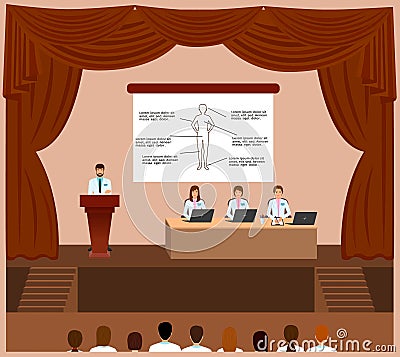 Medical conference session in a assembly hall interior. Spokesperson behind the podium and doctors listening him. Vector Illustration