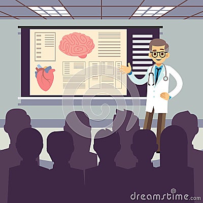 Medical conference vector illustration. Smiling doctor makes a presentation to the public Vector Illustration