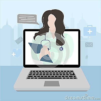 Medical consultation remote, doctor give advice from laptop Vector Illustration