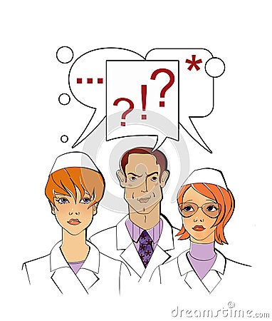 Medical consultation. Two female doctors and a male doctor. Speech bubble Stock Photo