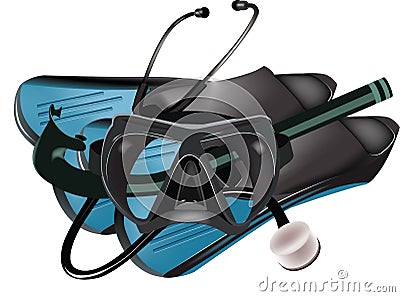 Medical control sport underwater stethoscope fins and mask Vector Illustration