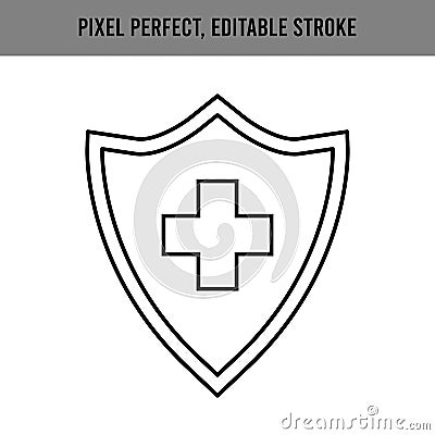 Medical cross on the ambulance shield, protection. Rescue from viruses, diseases, bacteria. Virus protection. Safe Vector Illustration
