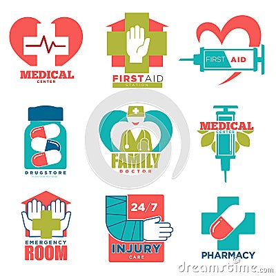 Medical cross and heart vector icons for first aid medicine or doctor hospital center Vector Illustration