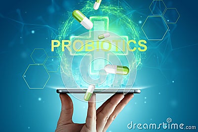 Medical cross hologram and inscription probiotics. The concept of diet, intestinal microflora, microorganisms, healthy digestion Stock Photo