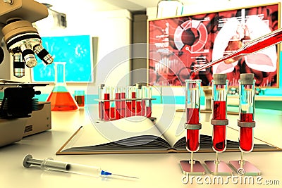 Medical 3D illustration, lab test tubes vials in research clinic - blood sample test for virus like covid-19 concept Cartoon Illustration