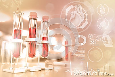 Medical 3D illustration, test-tubes vials in college office - blood sample test for coronavirus or hiv with creative gradient Cartoon Illustration