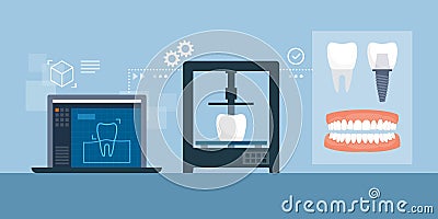 Medical 3D printing process of dental prosthesis Vector Illustration