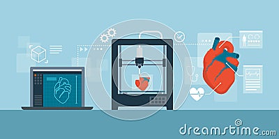 Medical 3D printing process of human heart Vector Illustration