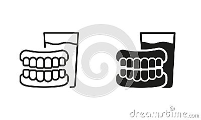 Medical Dental Prosthetic Silhouette and Line Icon Set. Denture with Glass of Water. Human False Tooth Pictogram Vector Illustration