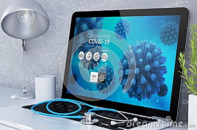 medical desktop computer with covid-19 info Stock Photo