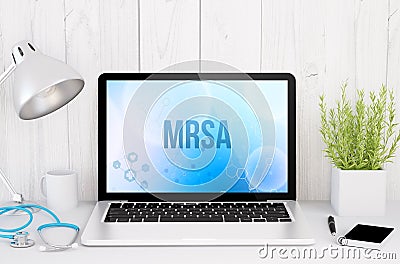 medical desktop computer with mrsa on screen Stock Photo