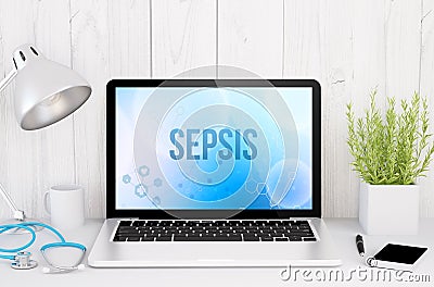 medical desktop computer with sepsis on screen Stock Photo