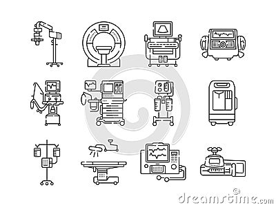 Medical devices line black icons set. MRI, anesthesia machine, syringe pump, dropper, defibrillator, Signs for web page, mobile Vector Illustration