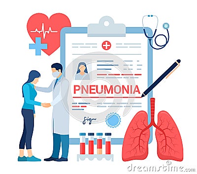 Medical diagnosis - Pneumonia. Lungs infection. Medical concept of bacterial pneumonia. Lung disease diagnosis. Coronavirus Cartoon Illustration