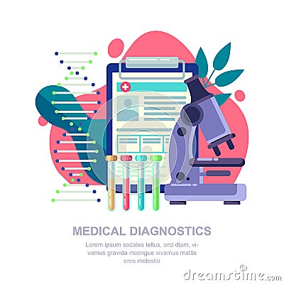 Medical diagnostic concept. Lab research, DNA and blood test vector flat illustration Vector Illustration
