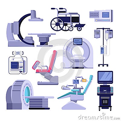 Medical diagnostic examination equipment. Vector illustration of MRI, gynecology and dentist chair, ultrasound machine. Vector Illustration